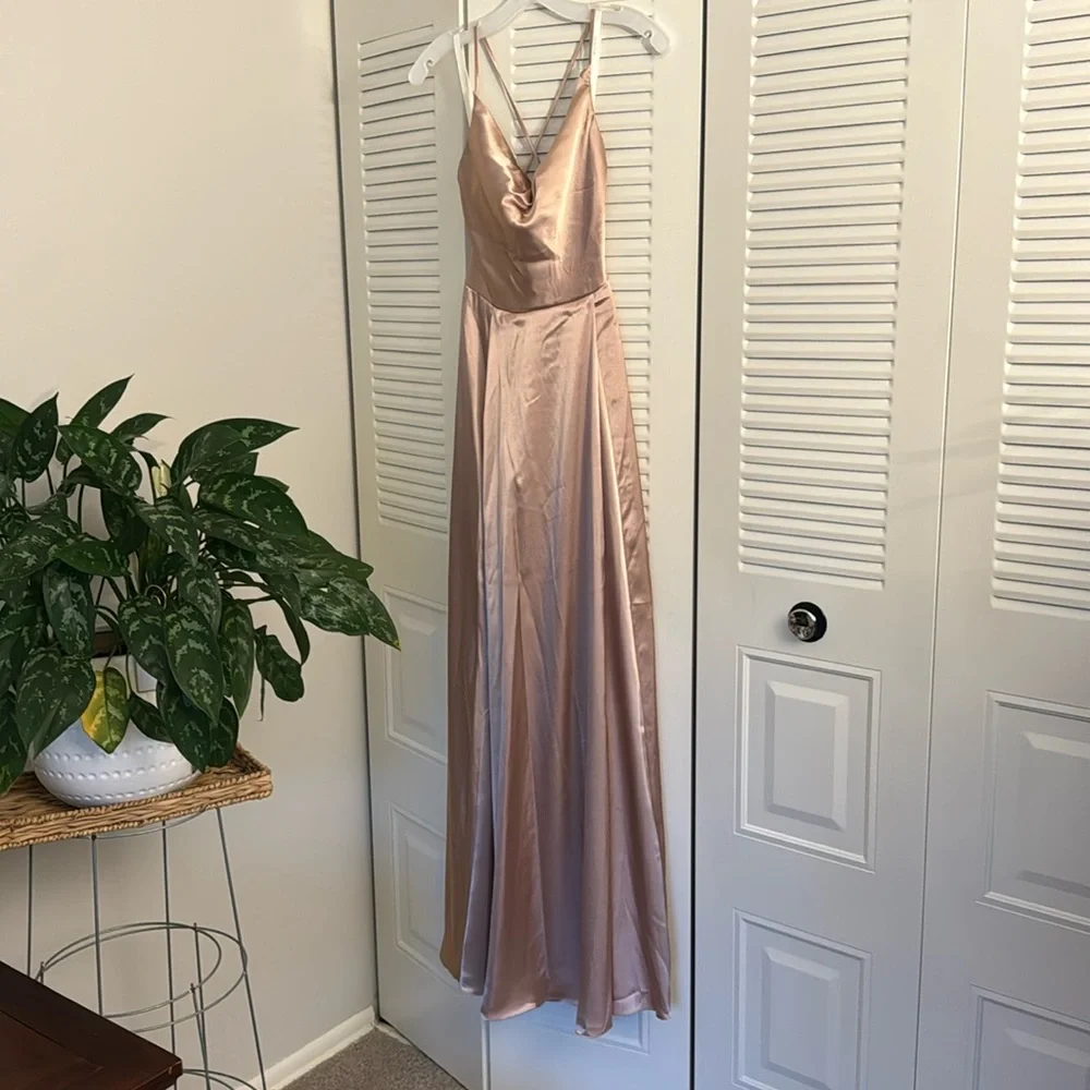 NWT Charmeuse Cowl Bridesmaid Dress with Lace-Up Back- Sand, 6 - Picture 1 of 5